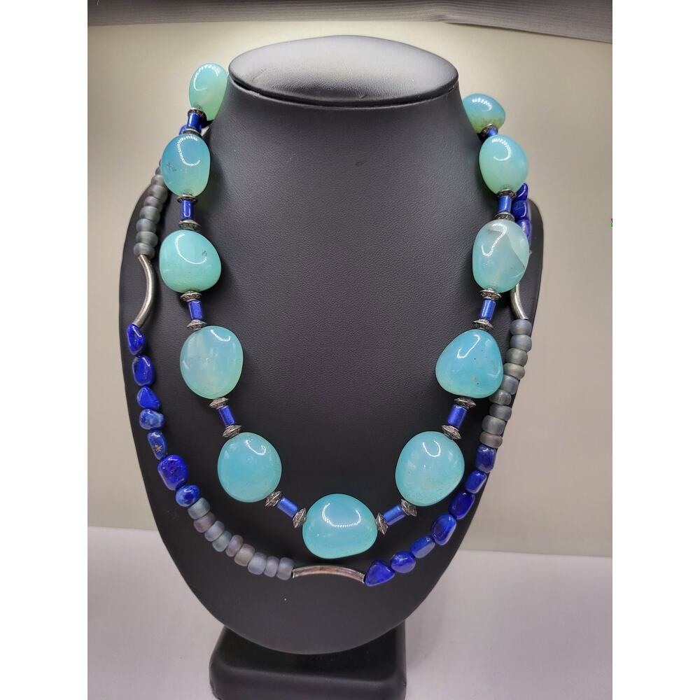 Long Boho Glass Bead Necklace Aqua Blue Layered Artisan Statement 42 Inch
